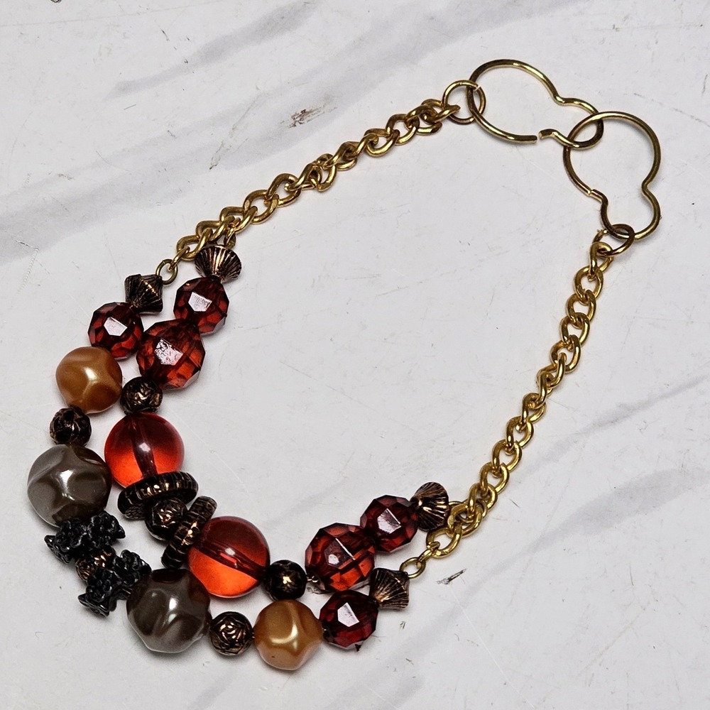 Gold Tone Double Strand Beaded Bracelet Amber Burgundy Grey Heart Clasp 8in